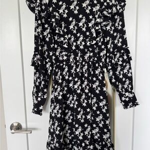 Anine Bing Black and White Wrap Midi Dress with Puff Sleeves